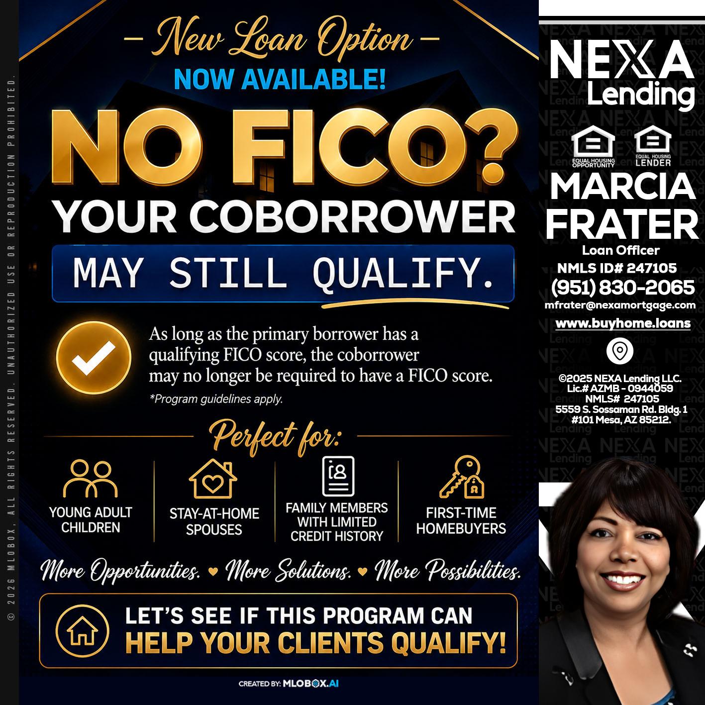 NO FICO - Marcia Frater -Loan Officer